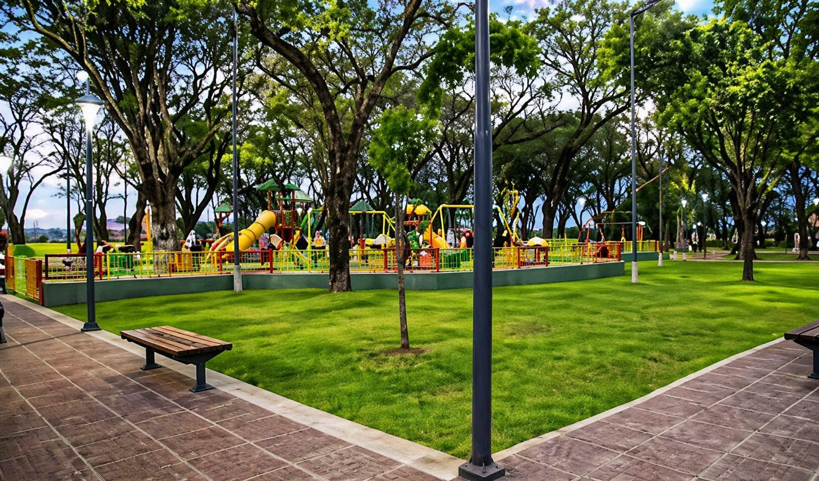 Parque urbano con árboles y espacios recreativos